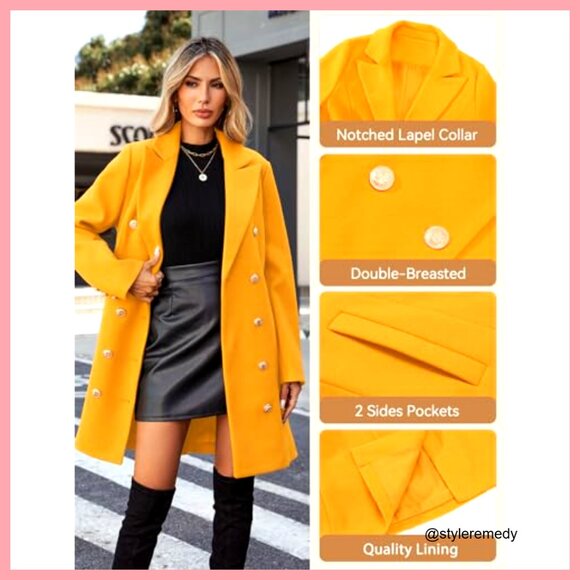 Double Breasted Wool Pea Coat, Knee-Length Midi Trench, Polyester - Picture 3 of 7